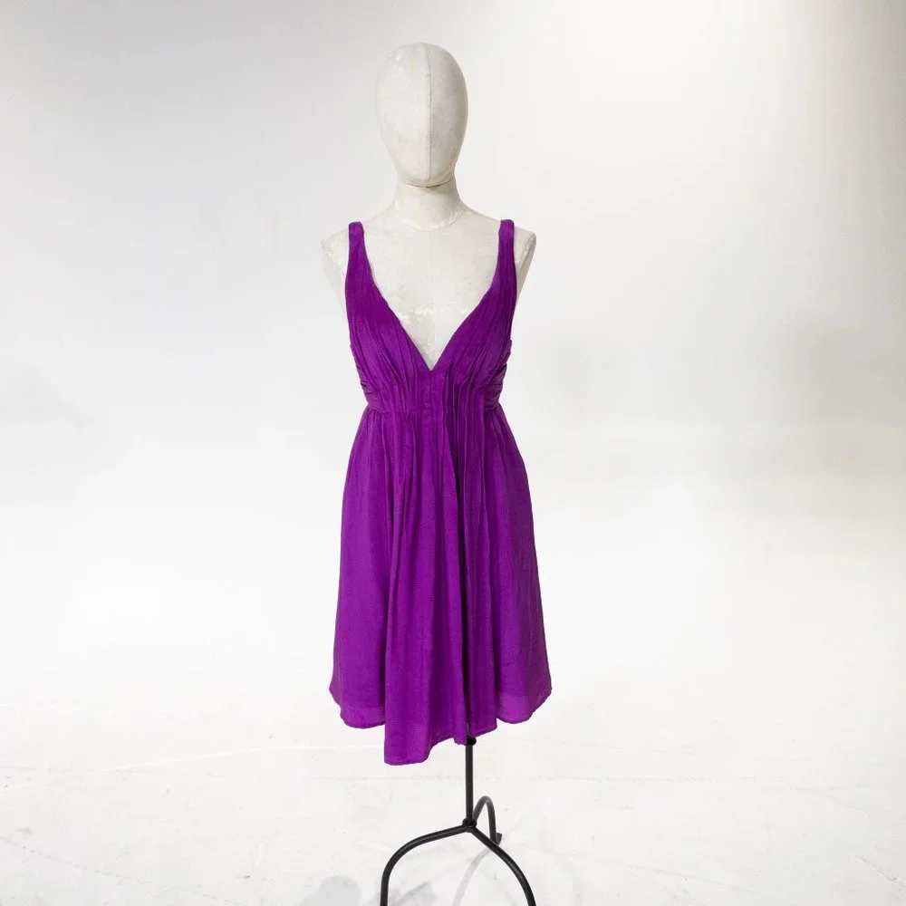 Vintage Y2K Anthropologie M Deep Plunge Ruched Mini Dress Purple - Picture 11 of 11